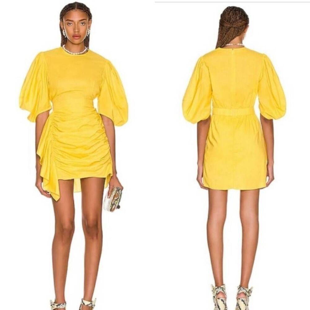 Rhode Pia Puff Sleeve Ruffle Mini Yellow Dress S